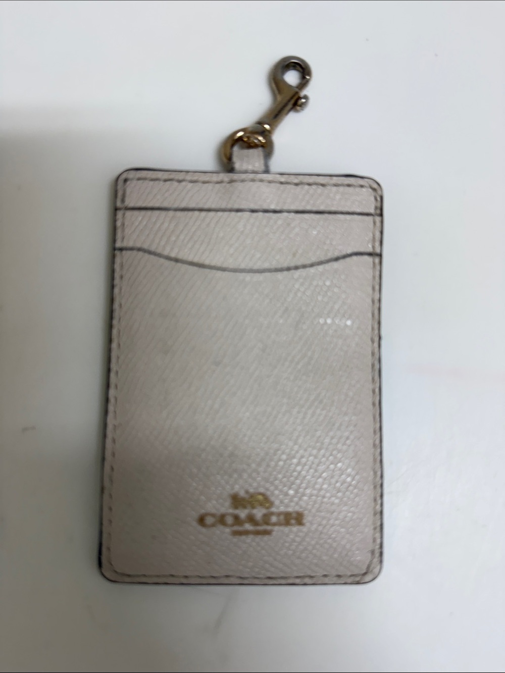 Coach Light Beige Leather Card Holder with Clip and Gold Logo